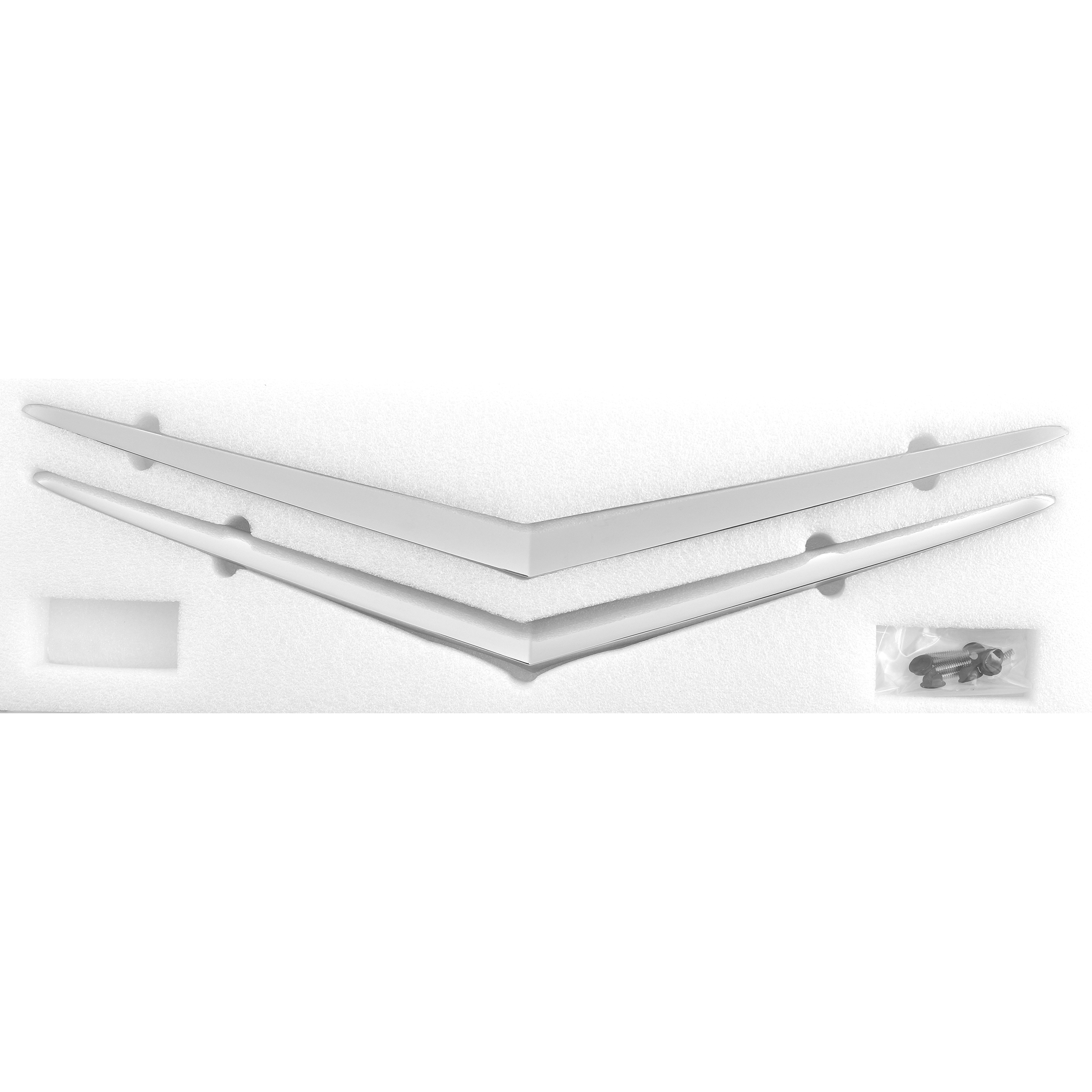 Upgrade your ’57 Chevy with this show-quality chrome Vee set for hood and trunk. Precision-crafted from billet aluminum and polished to perfection.